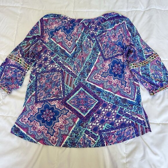 Cupio Womens Large Blue Purple Paisley 3/4 Sleeve Tie Blouse Top Casual - Picture 8 of 8